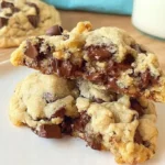 Ultra thick and chewy chocolate chip cookies on a wooden plate