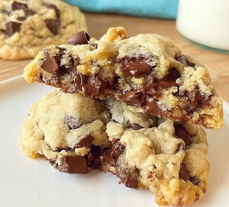 Ultra thick and chewy chocolate chip cookies on a wooden plate