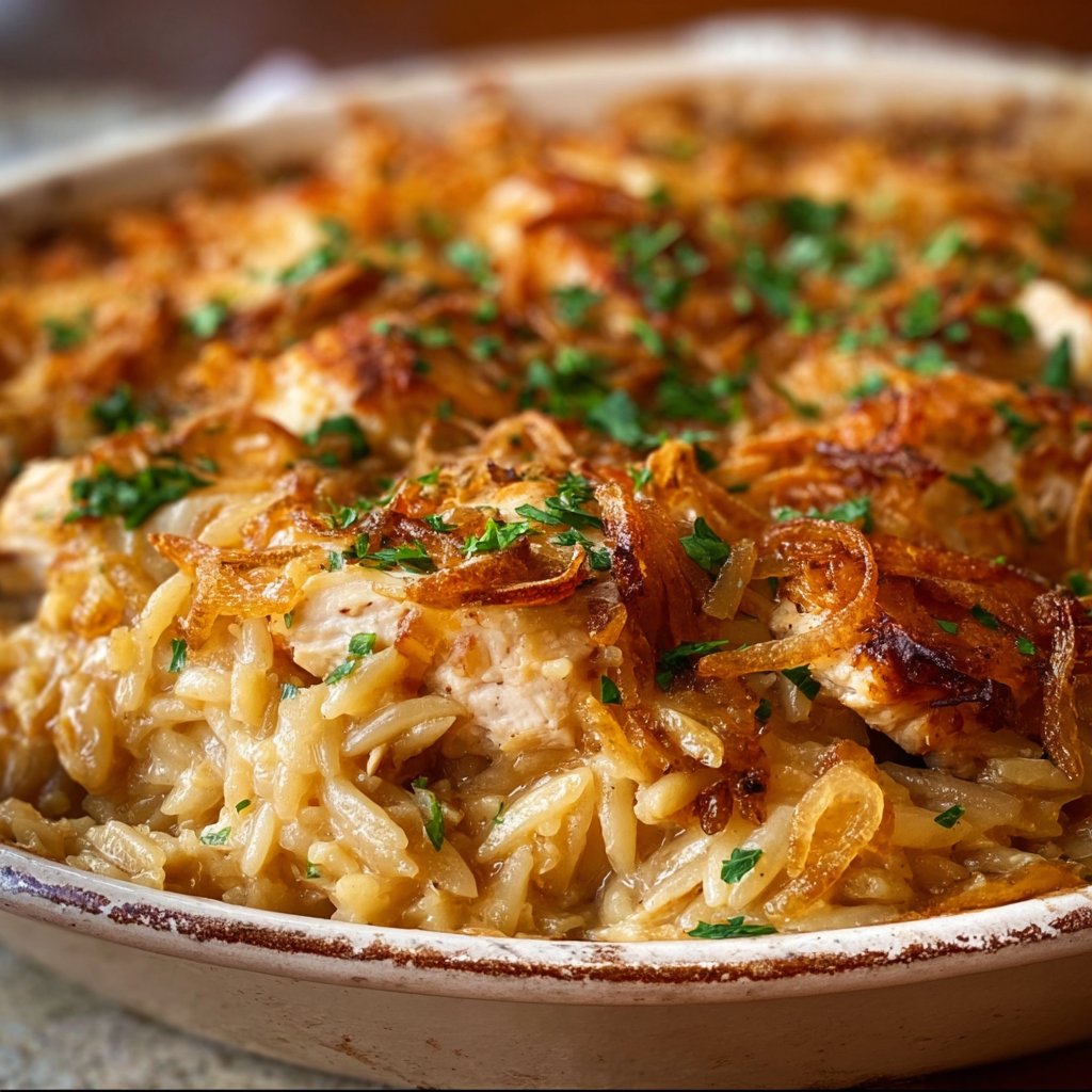 French Onion Chicken Orzo Casserole