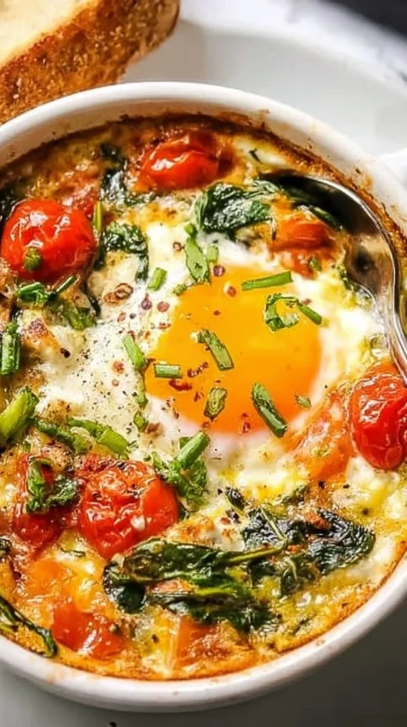 Baked feta eggs with tomatoes and spinach served on a plate