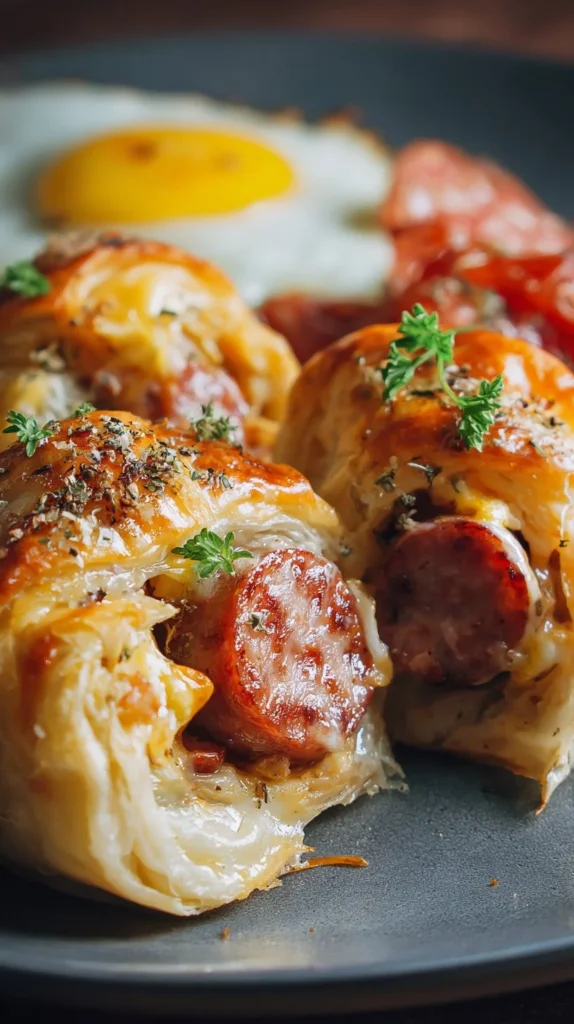 Baked sausage and egg breakfast rolls served on a plate