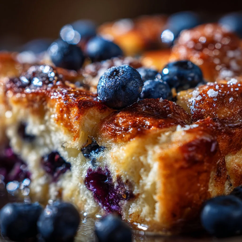 Delicious blueberry French toast casserole topped with fresh blueberries