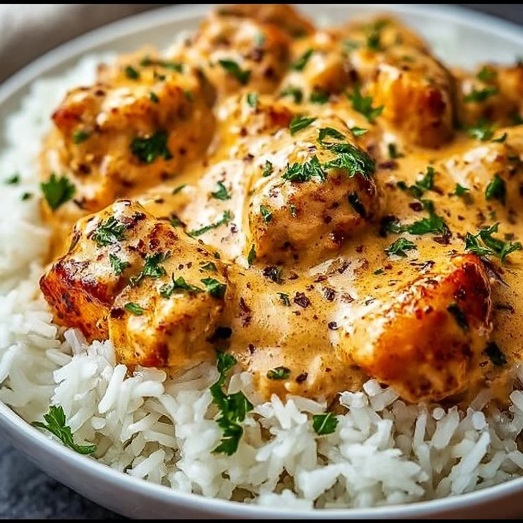 Delicious smothered chicken served over fluffy rice in a savory gravy.