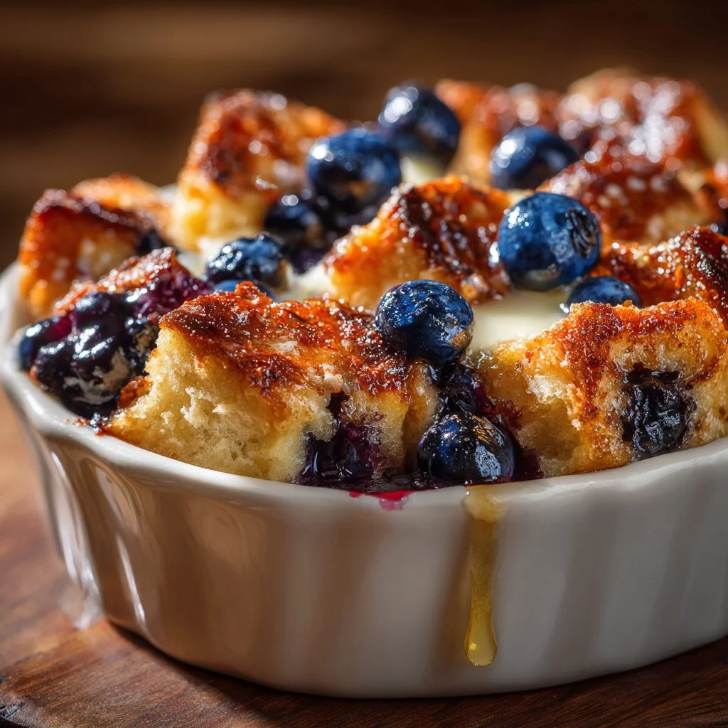 Delicious Blueberry Vanilla French Toast Bake topped with fresh blueberries