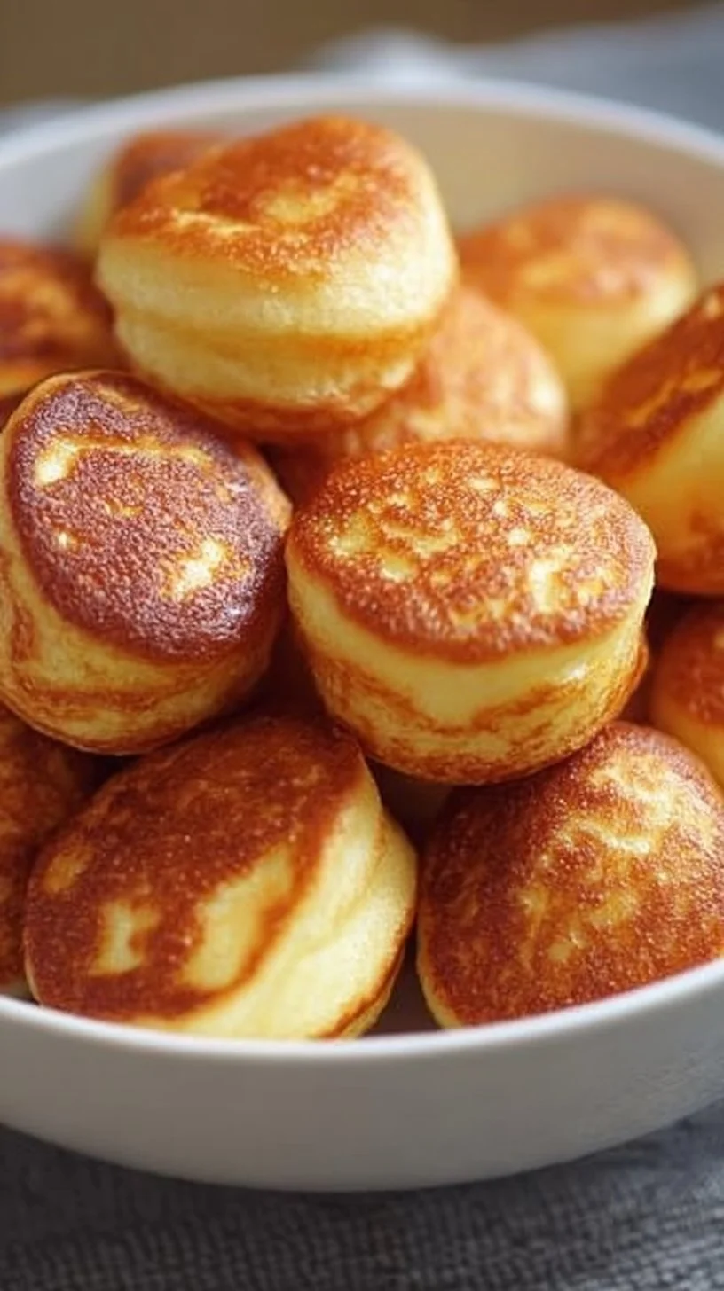 Fluffy breakfast pancake poppers drizzled with syrup and topped with fruit.