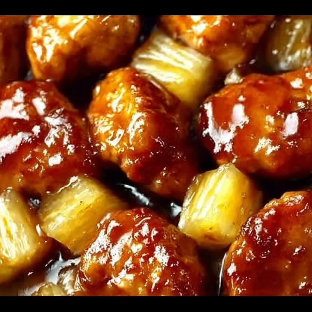 Delicious Brown Sugar Pineapple Chicken served on a plate with garnished veggies