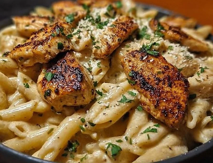 Plate of creamy Cajun Chicken Pasta topped with herbs and spices
