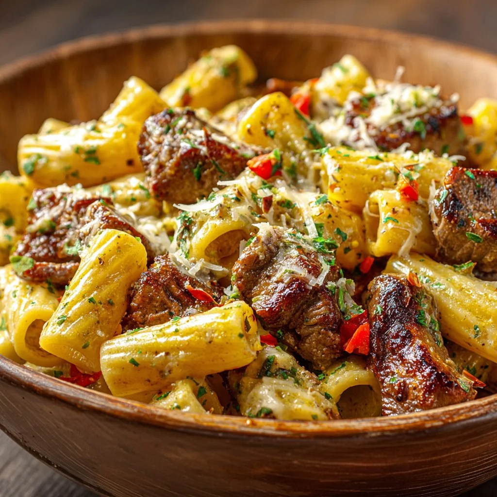 Delicious Cajun Steak Tips served with cheesy rigatoni pasta