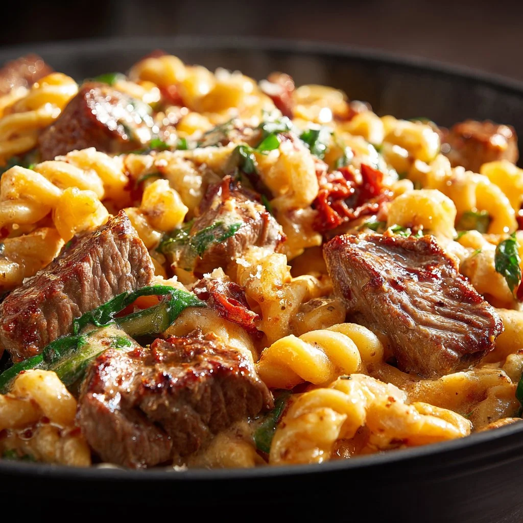 Cheesy Cajun Steak Pasta Skillet with vibrant sauce and steak pieces