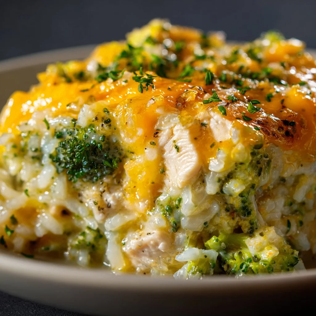 Cheesy chicken broccoli rice casserole served in a baking dish