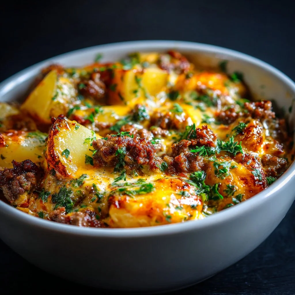 Cheesy Cowboy Beef and Potato Bake dish served in a casserole dish