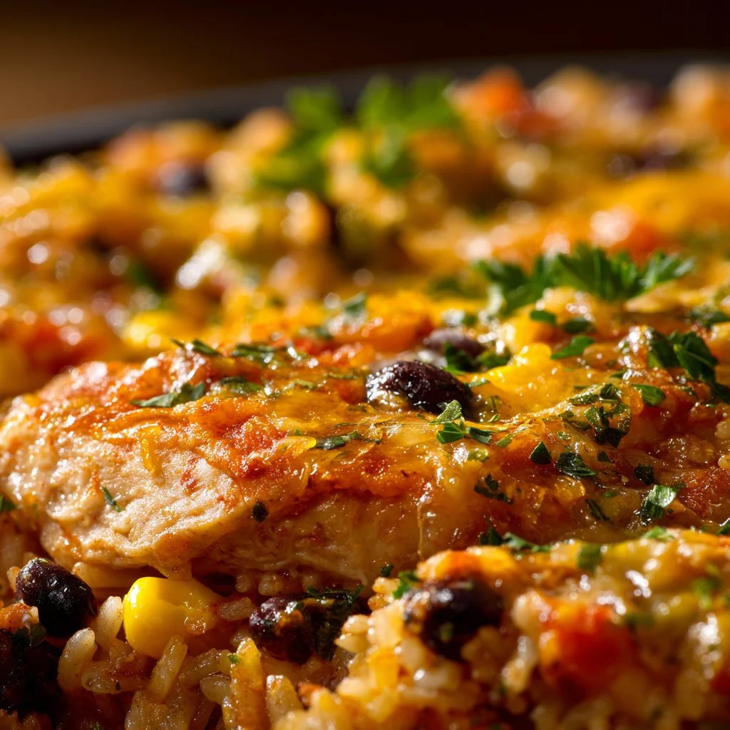 Cheesy Mexican chicken casserole fresh out of the oven with colorful toppings.