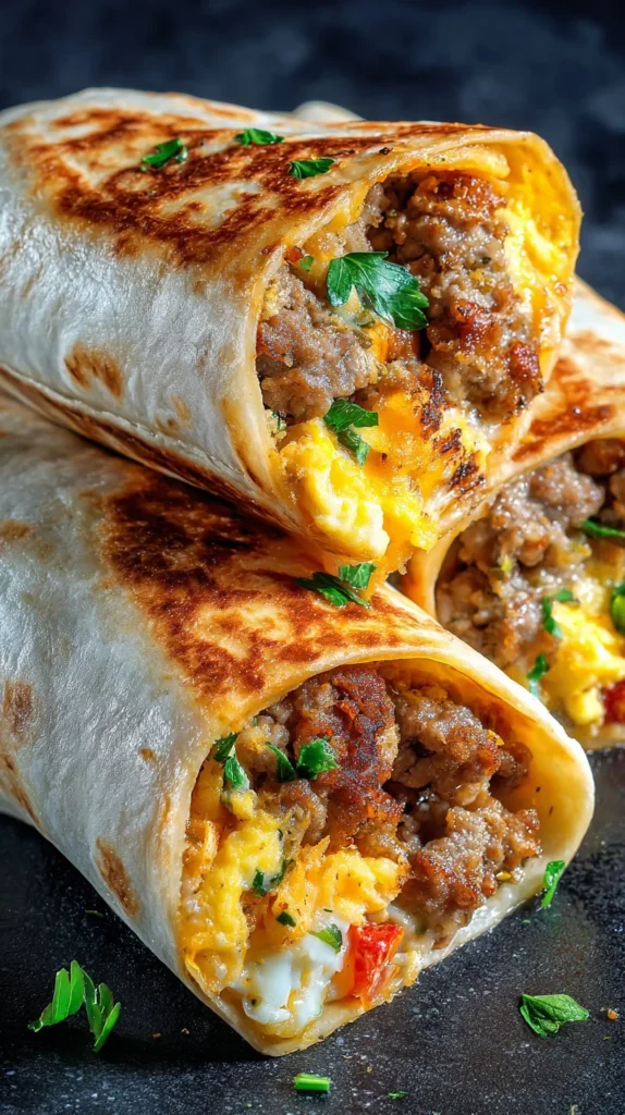 Delicious cheesy sausage breakfast wraps ready to eat.