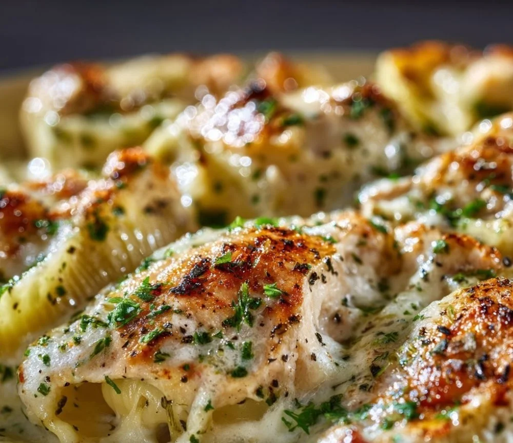 Delicious Chicken Alfredo Stuffed Shells served on a plate with creamy sauce.