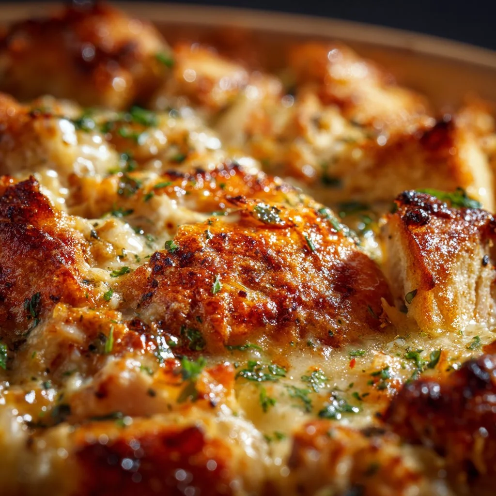 Chicken and Stuffing Oven Casserole topped with herbs in a baking dish
