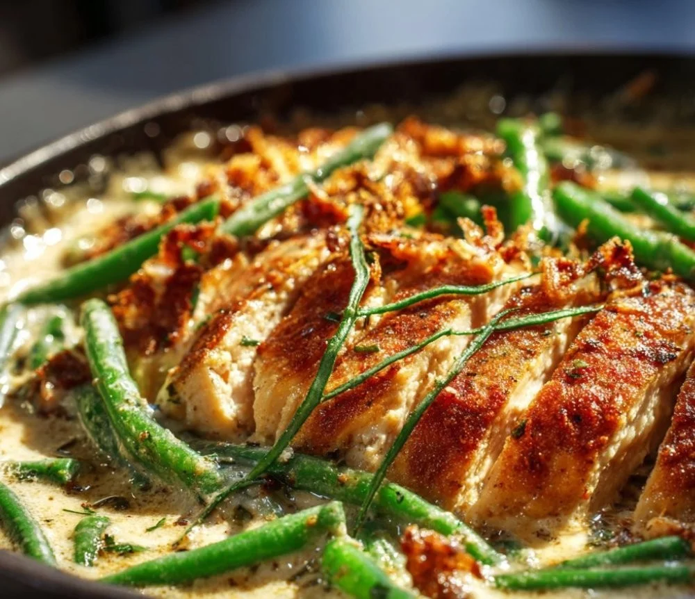 Baked Chicken Green Bean Rice Casserole topped with cheese and herbs