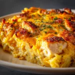 Chicken Hashbrown Casserole topped with cheese and herbs in a baking dish