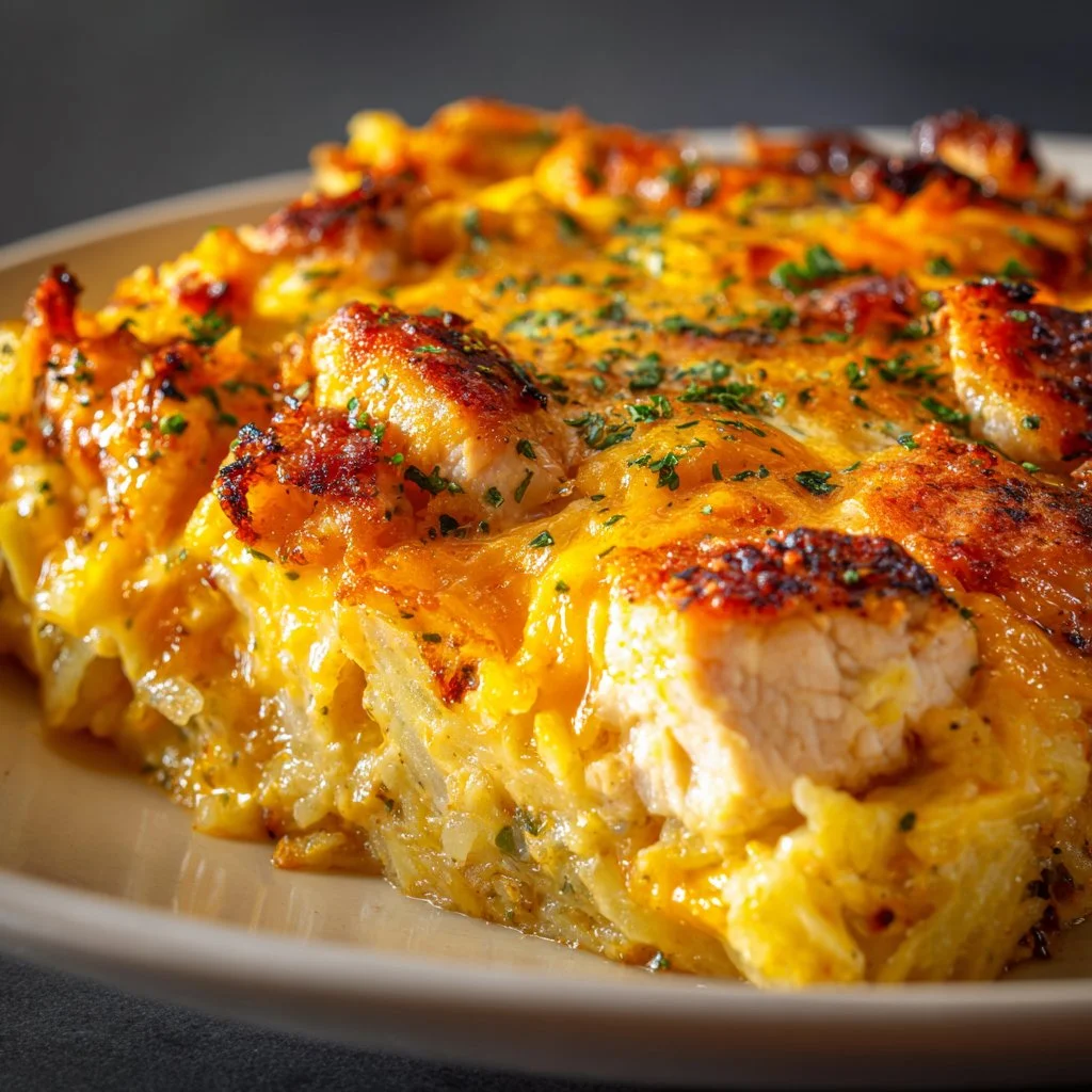 Chicken Hashbrown Casserole topped with cheese and herbs in a baking dish