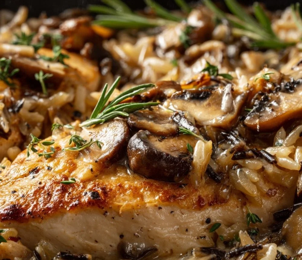 Delicious Chicken Mushroom Wild Rice Casserole ready to serve.