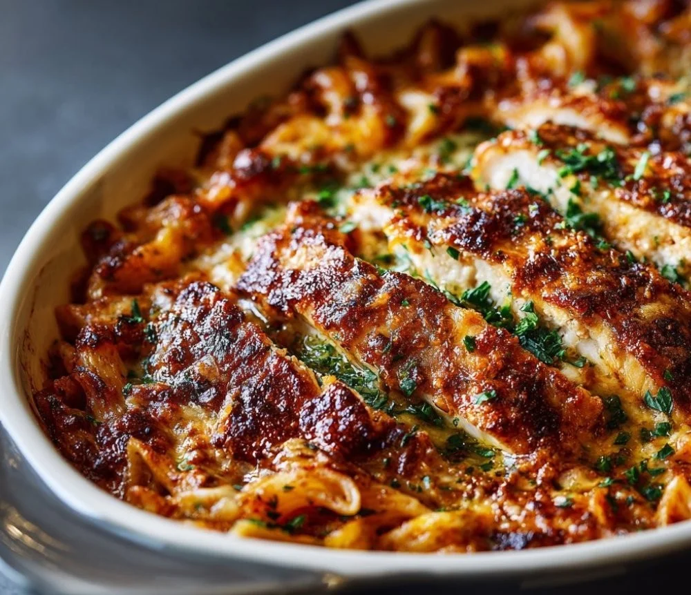 Baked Chicken Parmesan Pasta Casserole topped with cheese and herbs