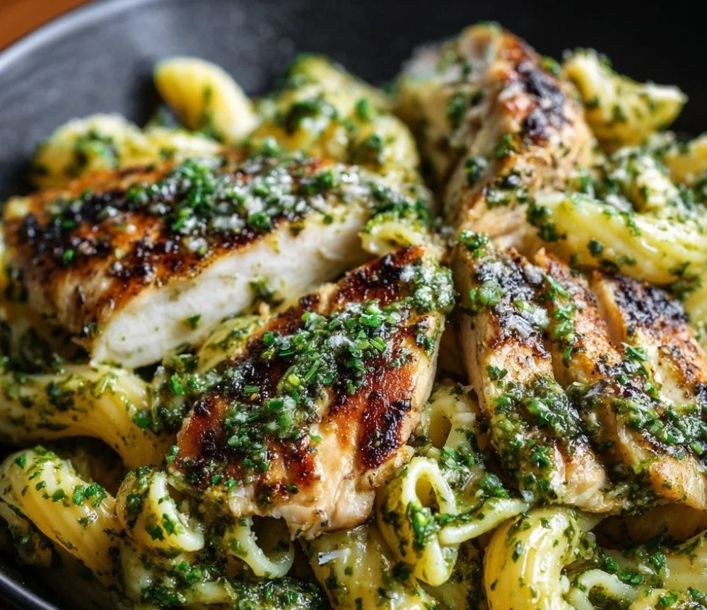 Delicious Chicken Pesto Pasta Toss with chicken, pesto sauce, and pasta in a bowl.