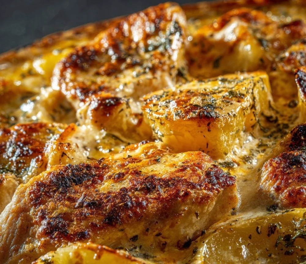 Creamy chicken potato cheese casserole baked to perfection with golden crust