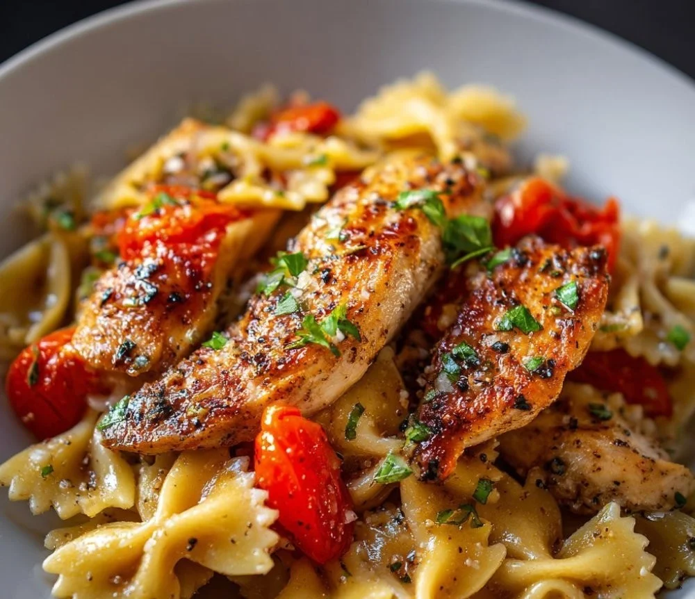 A bowl of Chicken Tomato Basil Pasta garnished with fresh basil and tomatoes.