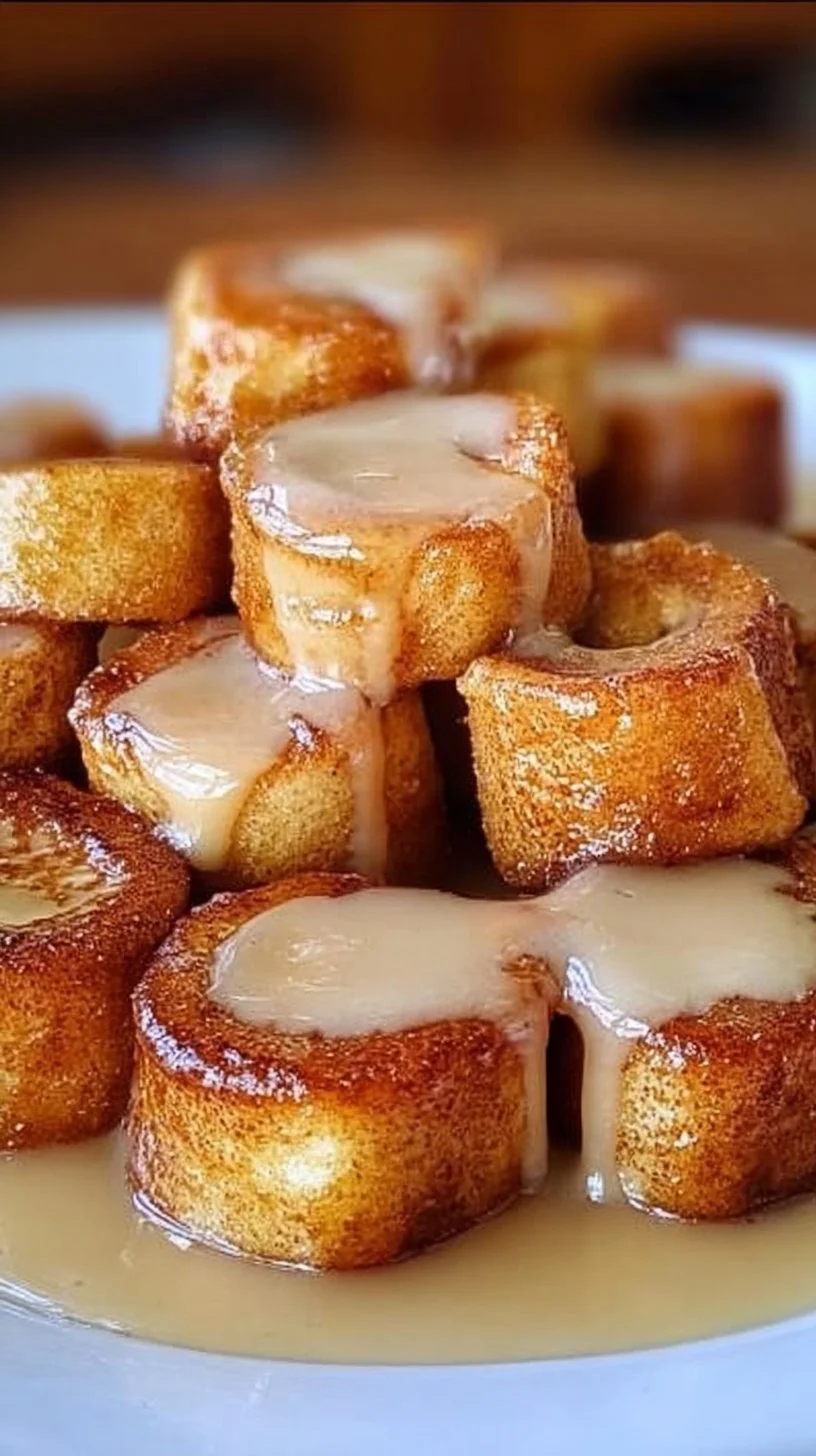 Delicious Cinnamon Roll French Toast Bites on a plate drizzled with icing