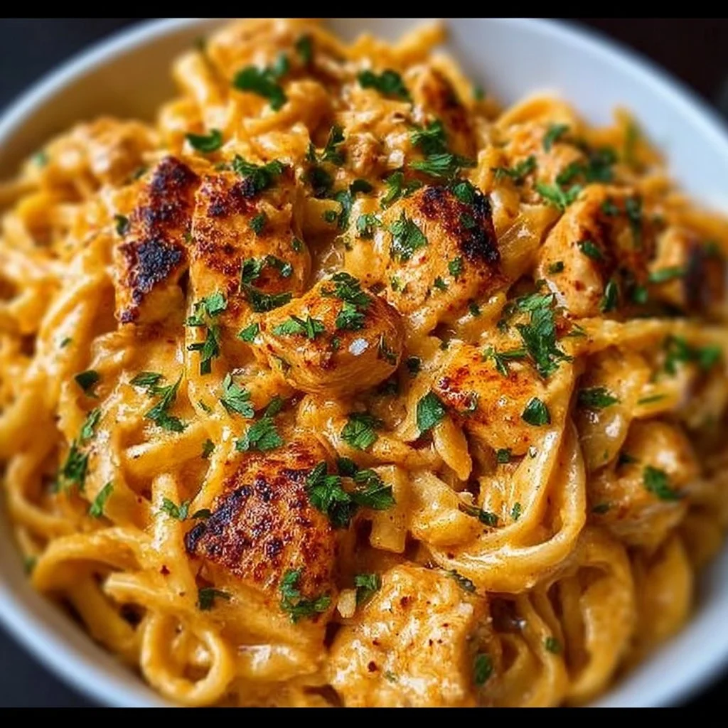 Delicious Cowboy Butter Chicken Pasta served in a bowl with herbs