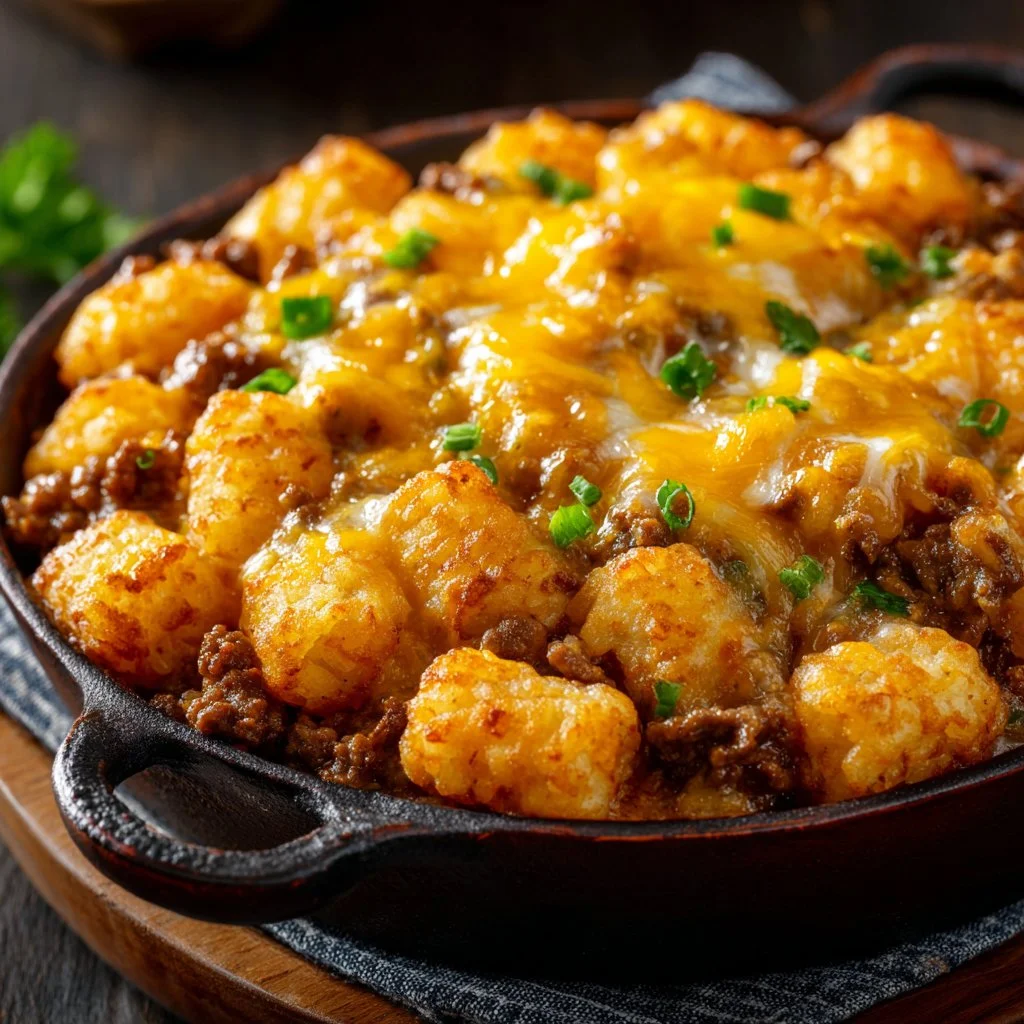 Delicious Cowboy Tater Tot Casserole topped with golden crispy tater tots