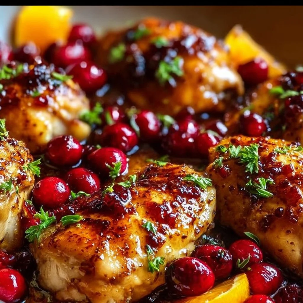 Delicious plate of Cranberry Orange Chicken garnished with herbs