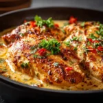 Creamy Cajun chicken breast served on a plate garnished with herbs.