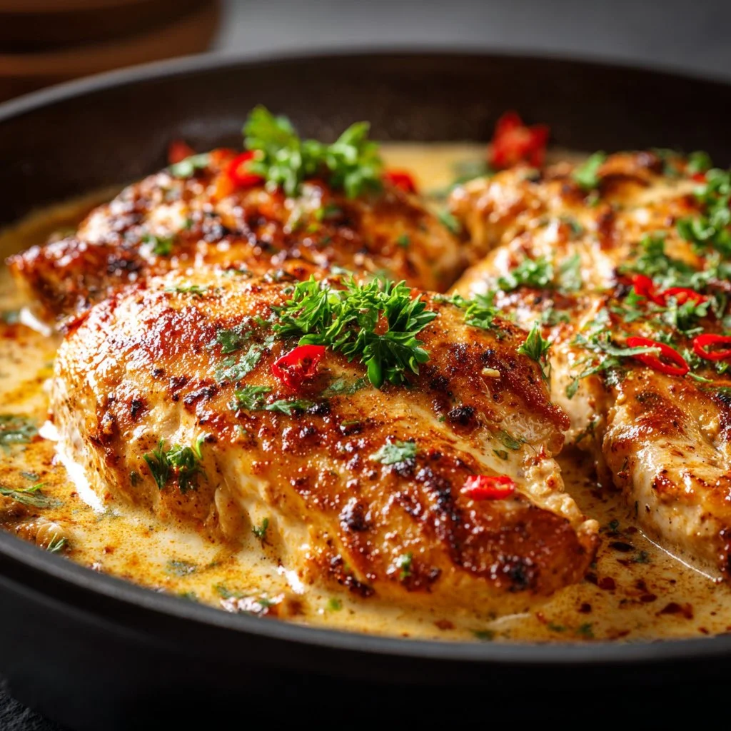Creamy Cajun chicken breast served on a plate garnished with herbs.