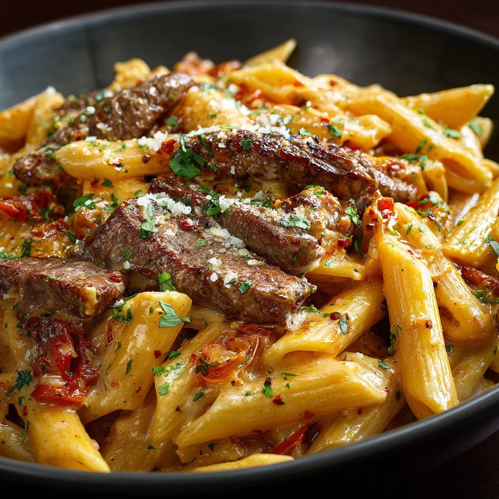 Creamy Cajun steak penne dish garnished with herbs
