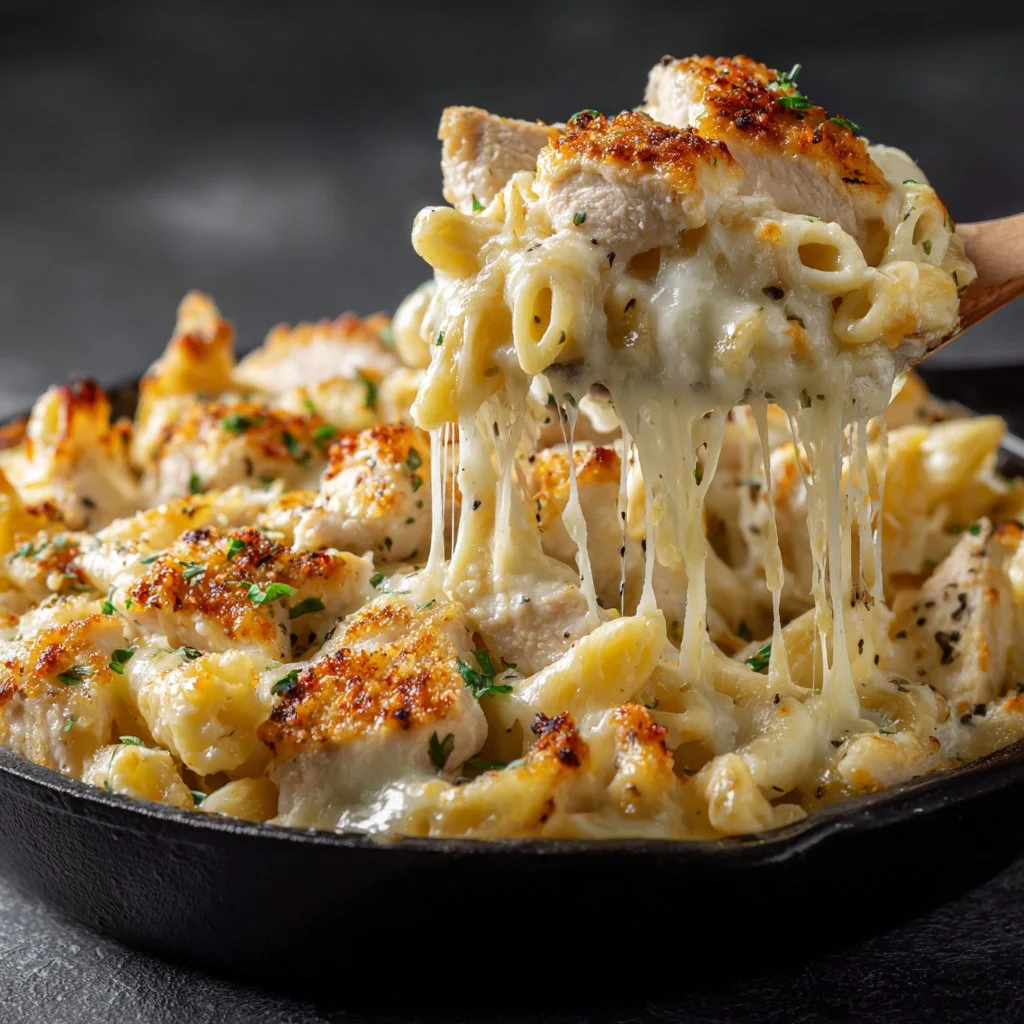 Creamy Chicken Alfredo pasta bake in a casserole dish topped with cheese