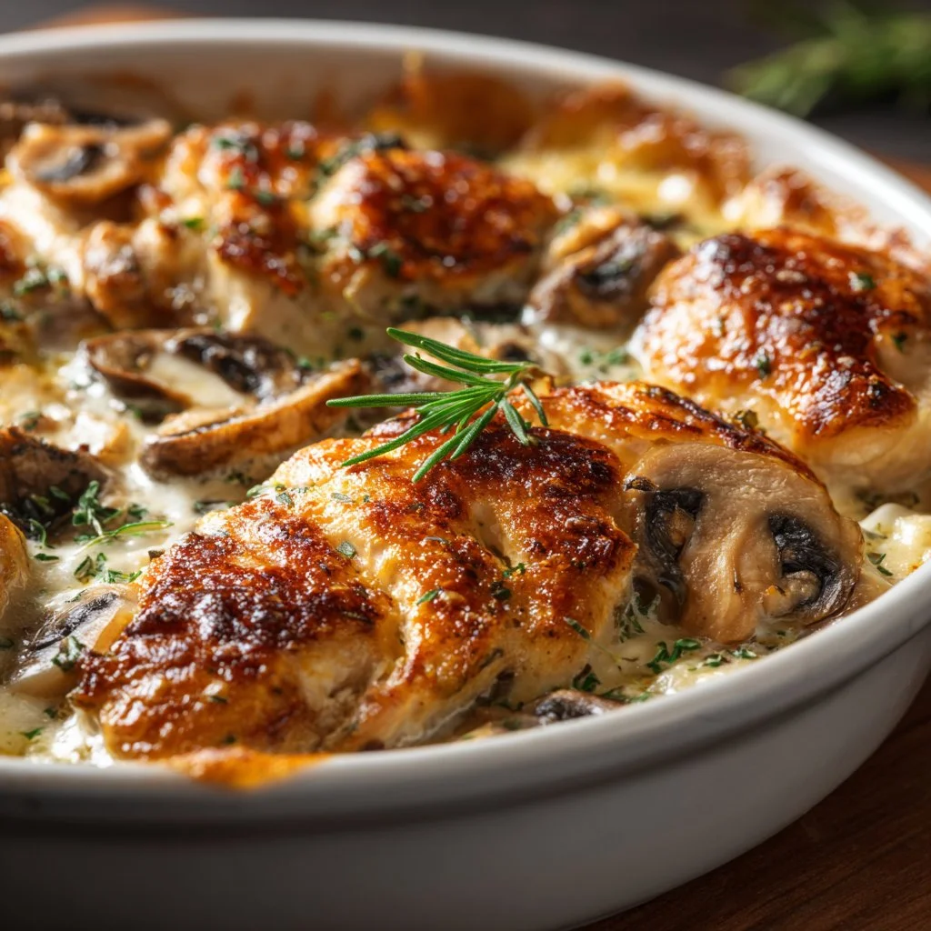 Creamy chicken and mushroom bake dish ready to serve
