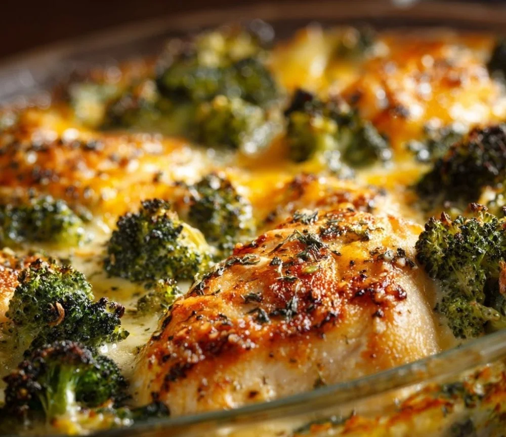 Creamy Chicken Broccoli Bake topped with cheese and baked to perfection