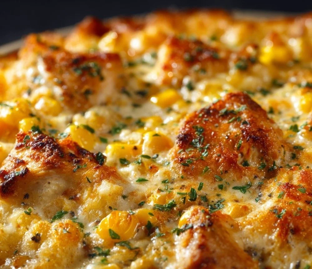 Creamy chicken corn casserole served in a dish