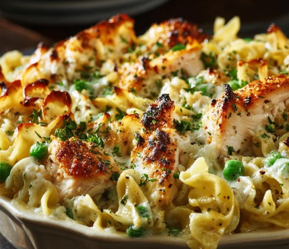 Creamy chicken noodle casserole baked with tender chicken and pasta