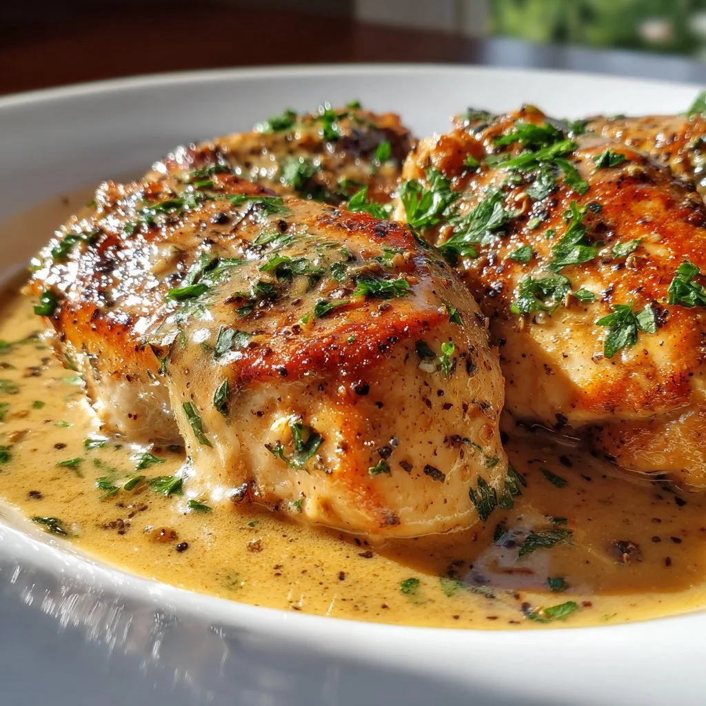 Creamy Dijon chicken breasts served on a plate with fresh herbs