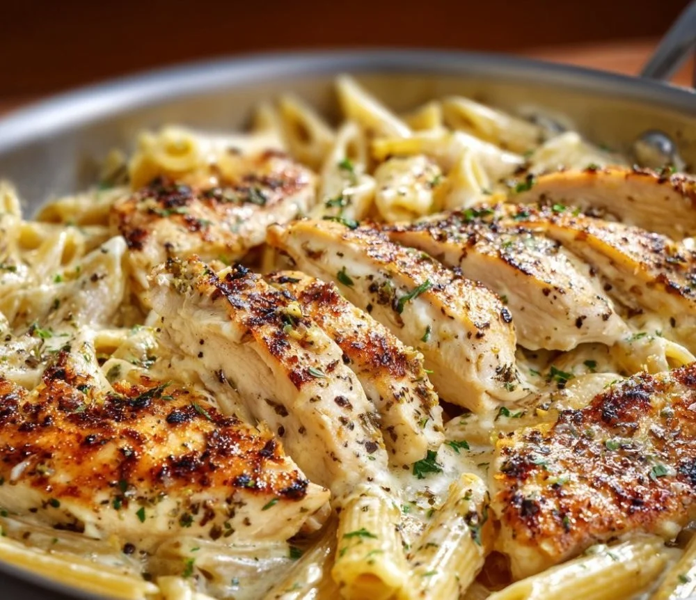 Creamy garlic chicken penne skillet in a frying pan garnished with parsley