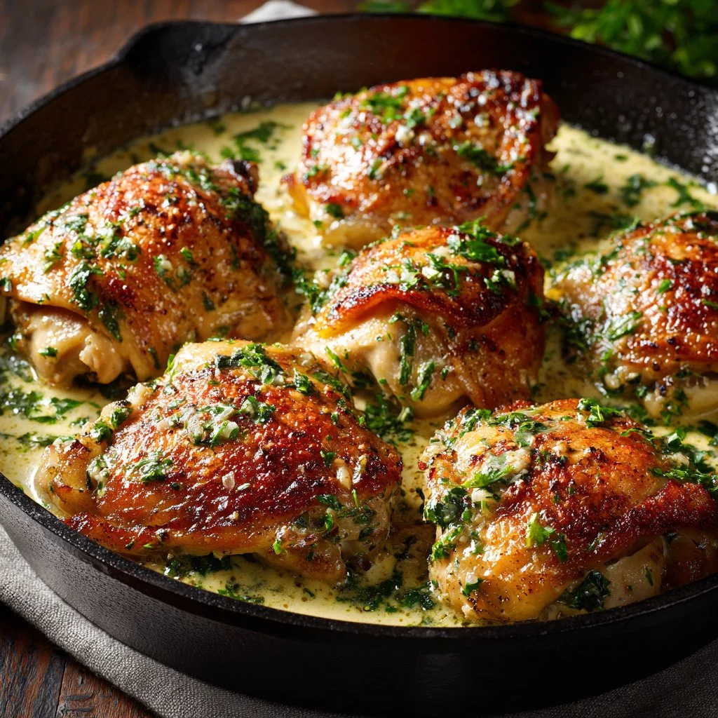 Creamy garlic chicken thighs in a skillet with herbs and spices