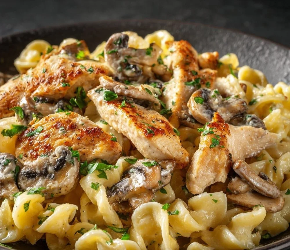 Delicious creamy mushroom chicken pasta topped with fresh parsley and cheese