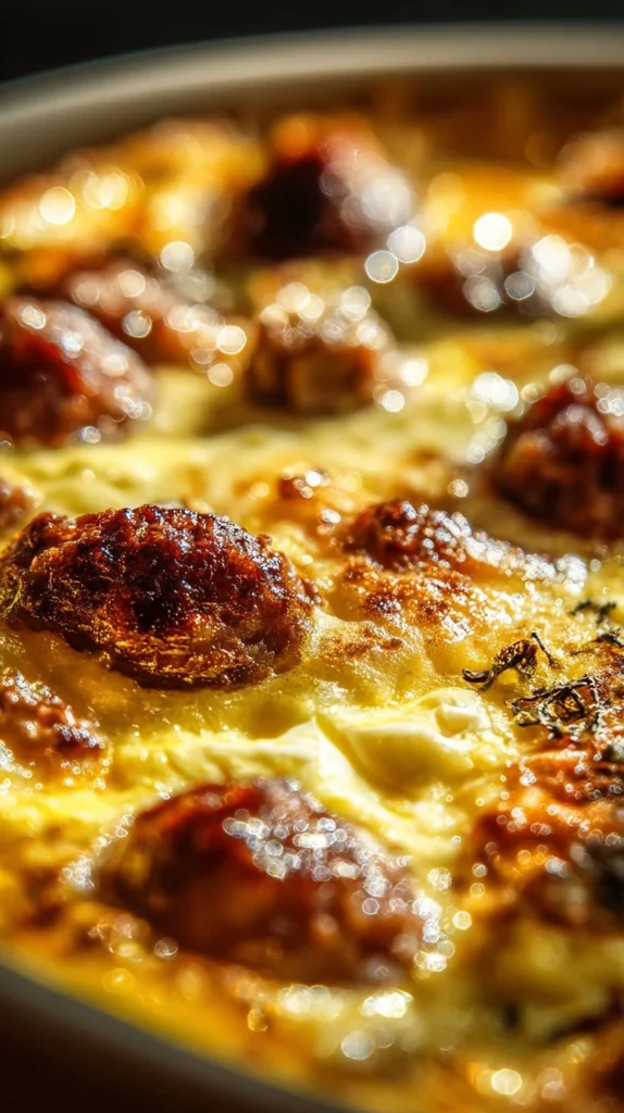 Creamy sausage and egg breakfast bake served warm in a baking dish