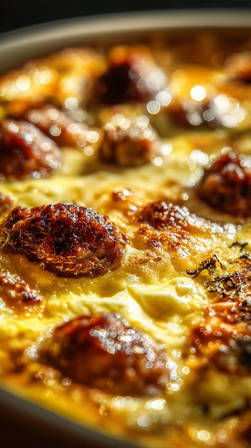 Creamy sausage and egg breakfast bake served warm in a baking dish