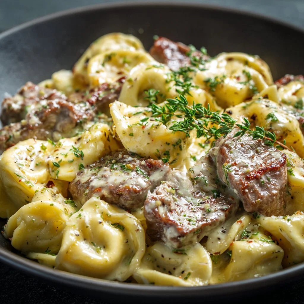 Creamy steak tortellini Alfredo served in a bowl with fresh herbs