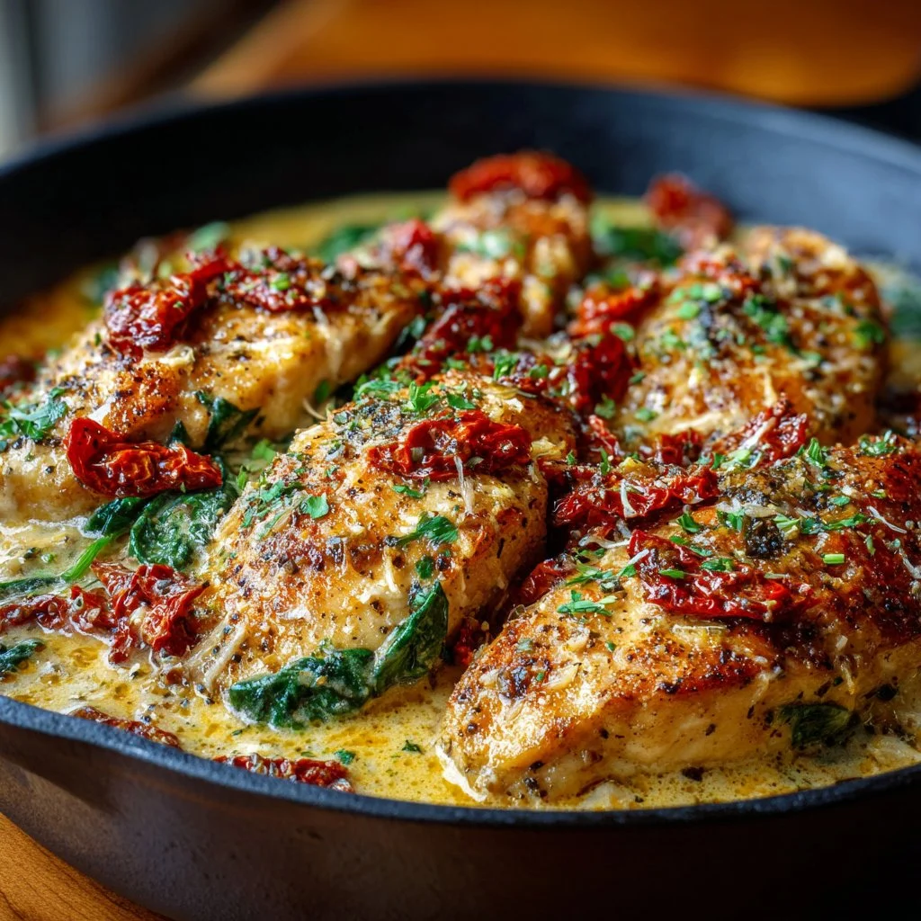 Creamy Tuscan chicken skillet dish with spinach and sun-dried tomatoes