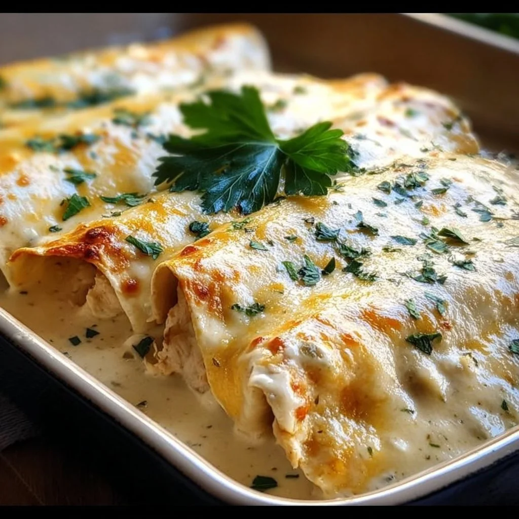 Creamy white chicken enchiladas topped with cheese and enchilada sauce