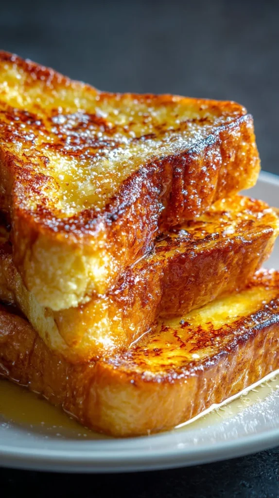 Delicious Crème Brûlée French Toast served with fresh berries and syrup.