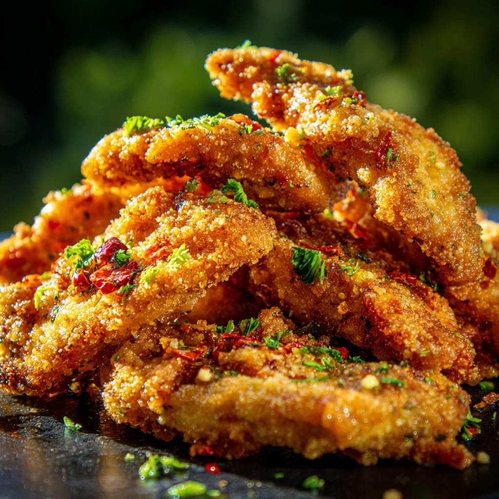 Crispy honey mustard chicken strips served with a dipping sauce
